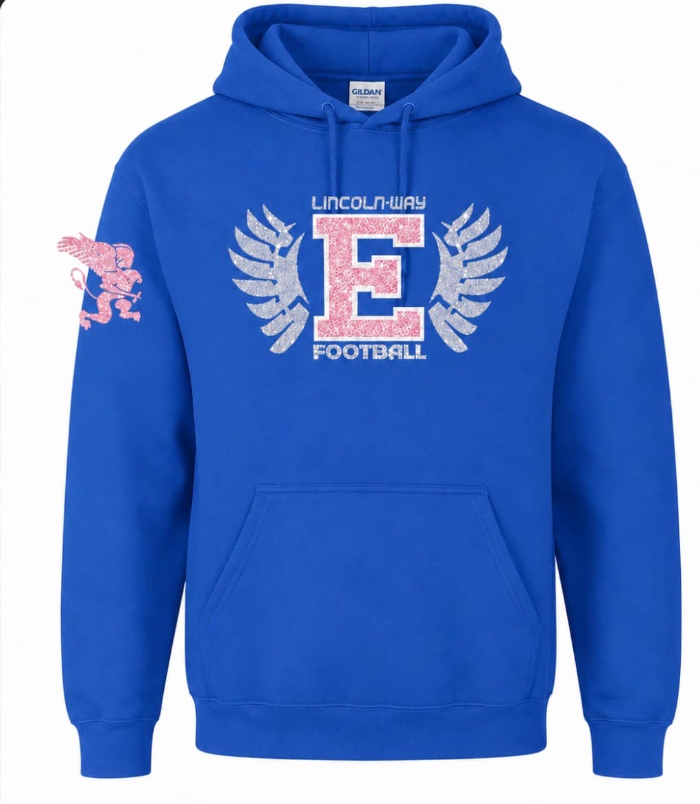 Pink E - Football · with Pink Glitter Griffin on Arm · Blue · Gildan · Hoodie