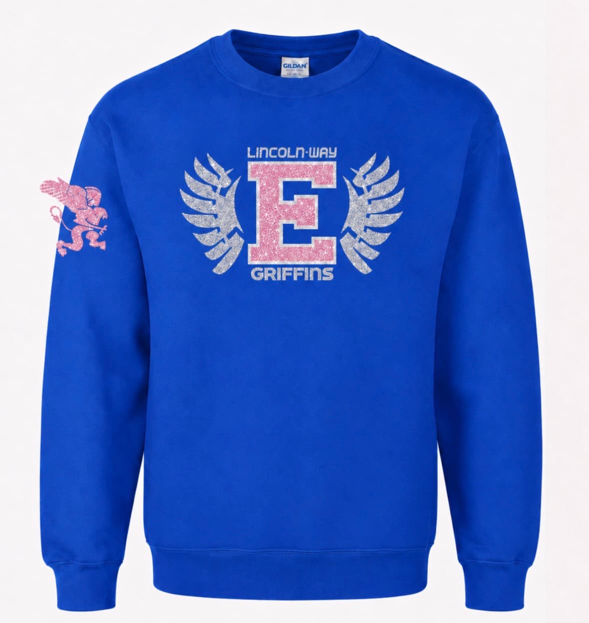 Pink E - Griffins · with Pink Glitter Griffin on Arm (New Design!) · Blue · Gildan · Crewneck