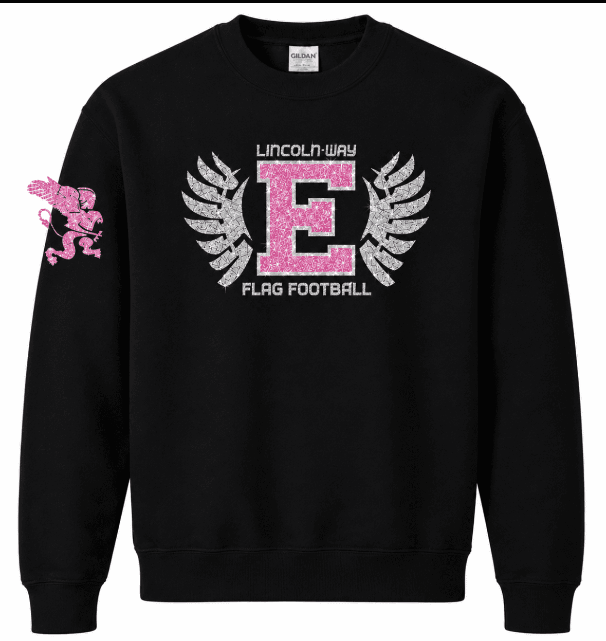 Pink E - Flag Football · with Pink Griffin on Arm · Black · Gildan · Crewneck