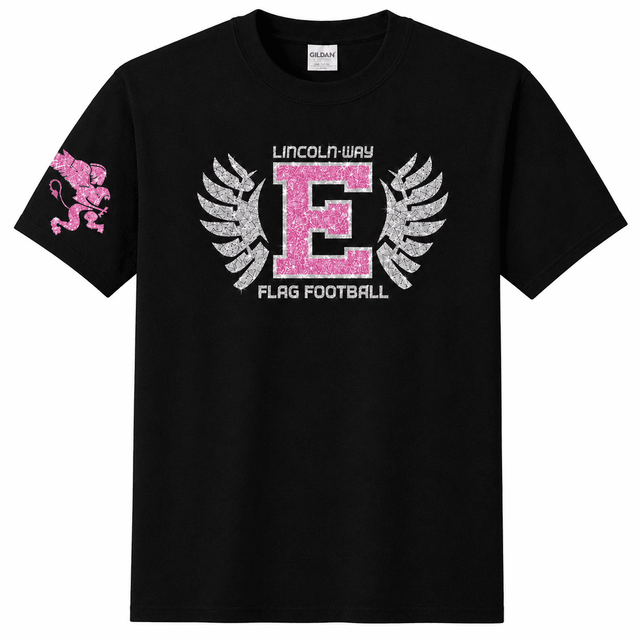 Pink E - Flag Football · with Pink Griffin on Arm · Black · Gildan · Tee